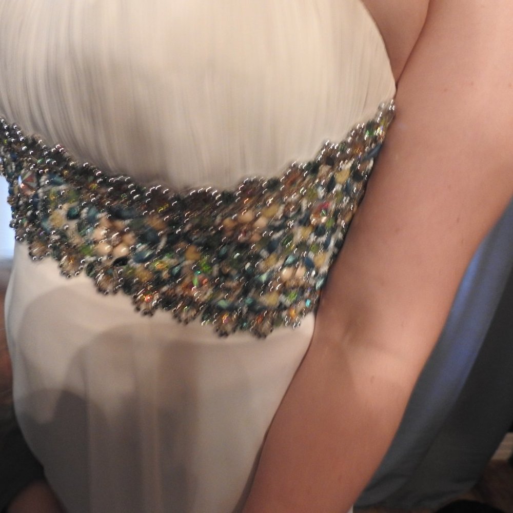 White Sherri Hill Jewel Encrusted Gown teal silver - Picture 5 of 15